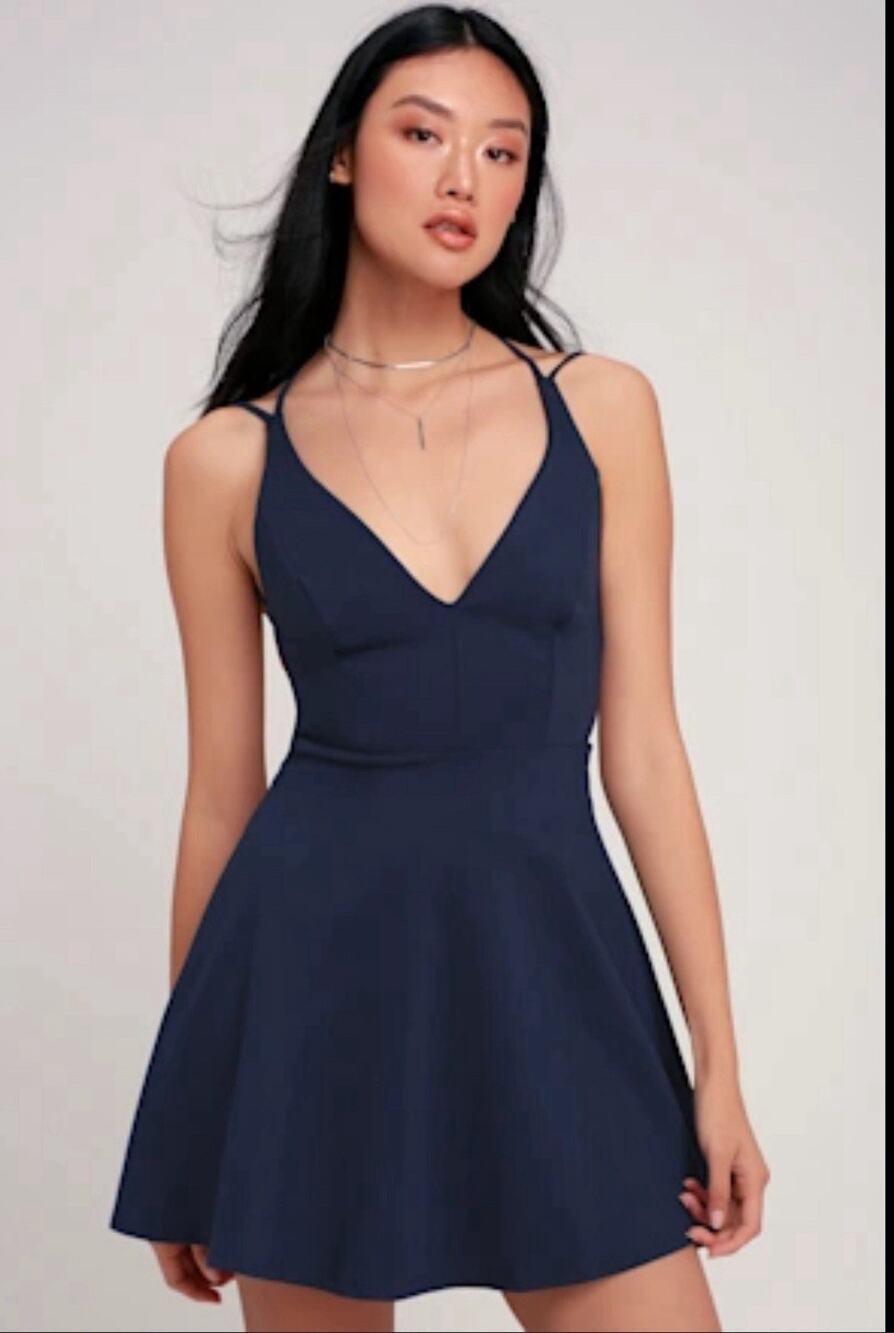 Lulu’s Love Galore Navy Blue Dress M Medium V Neck Strappy Cocktail